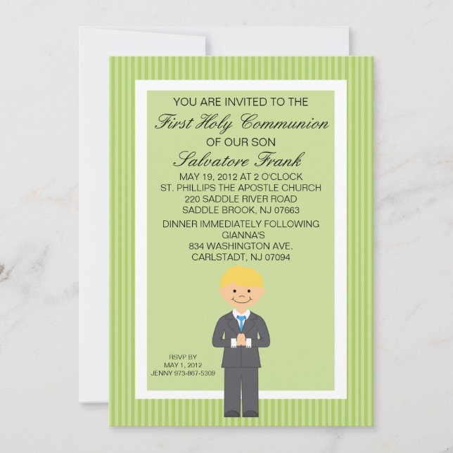 Invitation de Lime Green Cute First Communion Boy  (Devant)