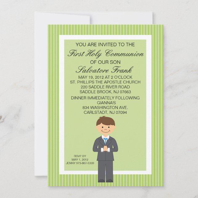 Invitation de Lime Green Cute First Communion Boy  (Devant)