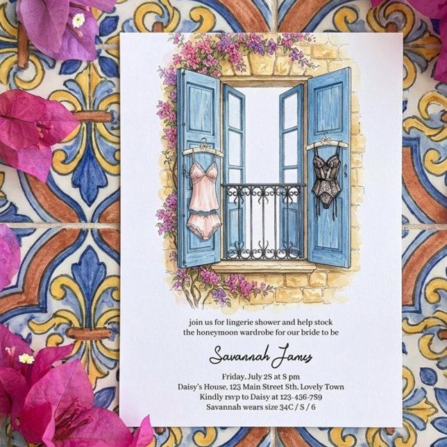 Invitation de lingerie sous la douche de la Côte M (Mediterranean themed lingerie shower invitation, mamma mia style stock the drawer panty party invite)
