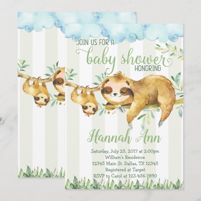 Invitation de l'invitation du Baby shower Sloth (Devant / Derrière)