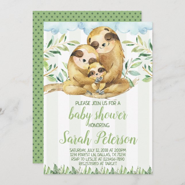 Invitation de l'invitation du Baby shower Sloth (Devant / Derrière)