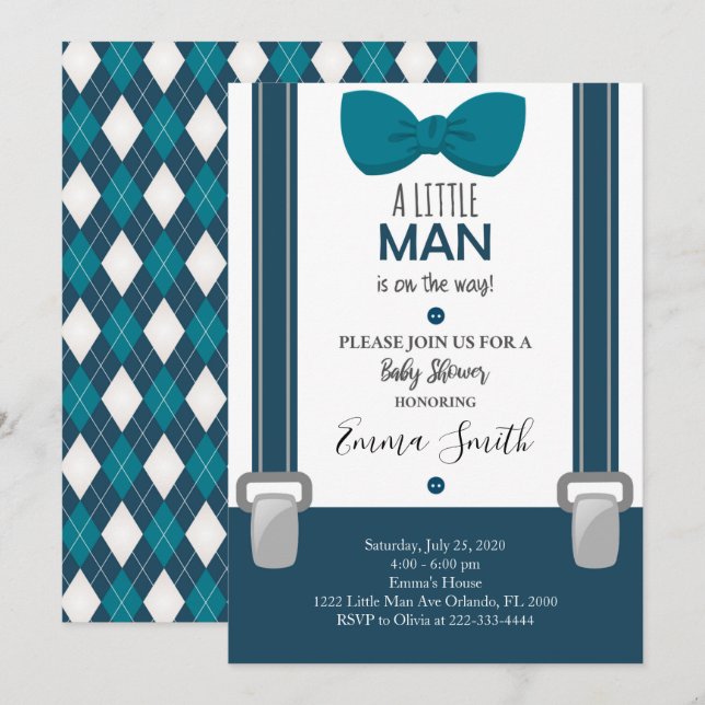 Invitation de Little Man Baby shower (Devant / Derrière)