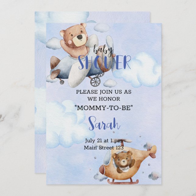 Invitation De L'Ours Dans Le Baby shower De L'Avio (Devant / Derrière)