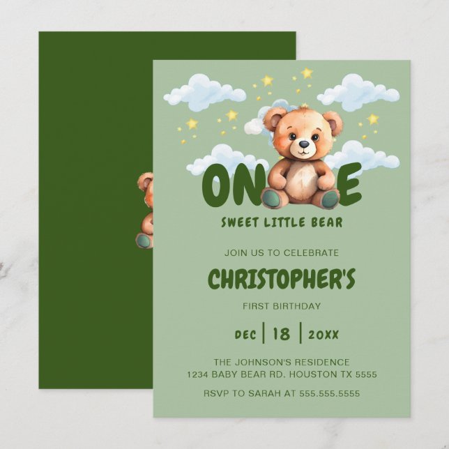 Invitation de l'ours pour le premier anniversaire (Devant / Derrière)
