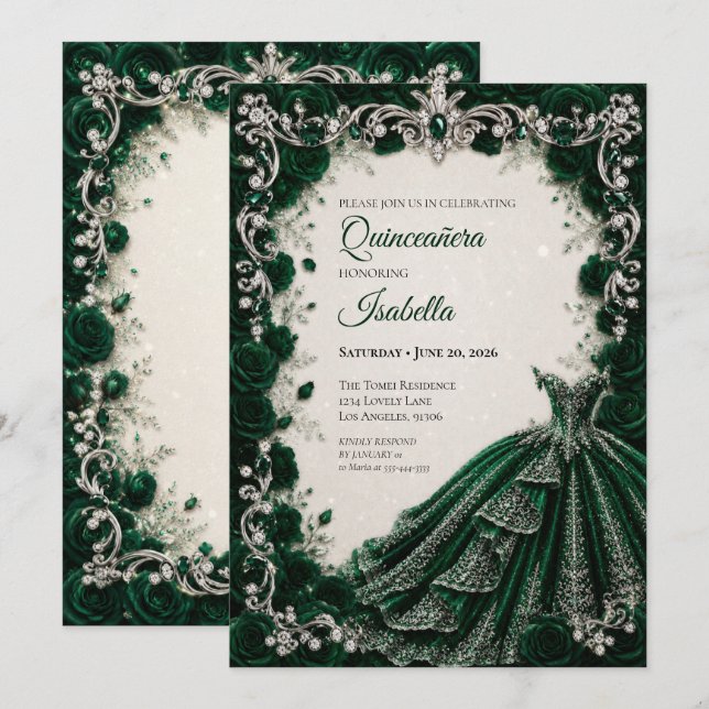 Invitation de Luxe Émeraude Princesse pour Quincea (Devant / Derrière)