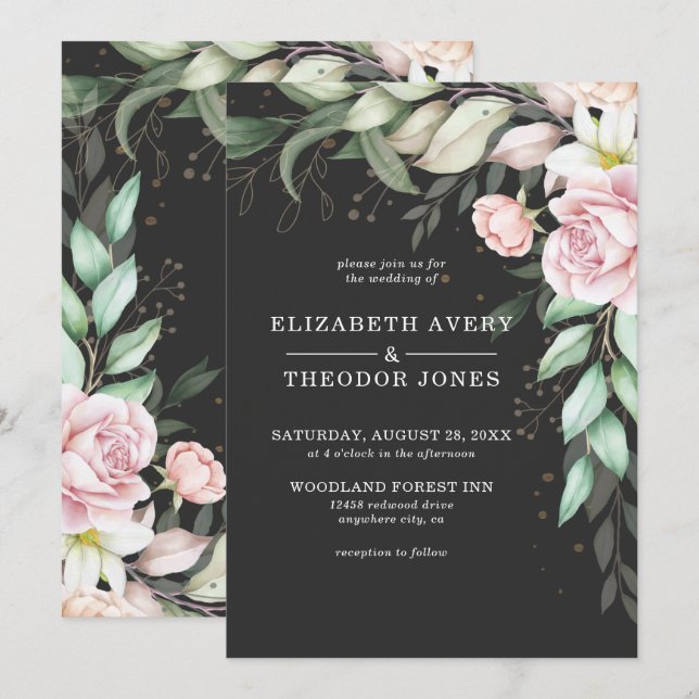 Invitation de luxe Mariage floral noir et rose (Devant / Derrière)