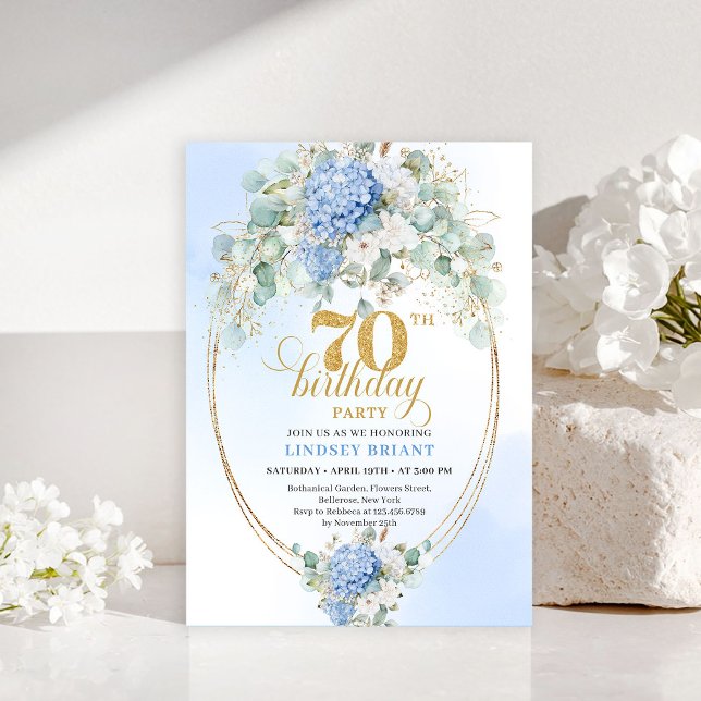 Invitation de luxe pour 70e anniversaire à motif f (Luxury 70th Birthday Blue Floral Watercolor Invitation)