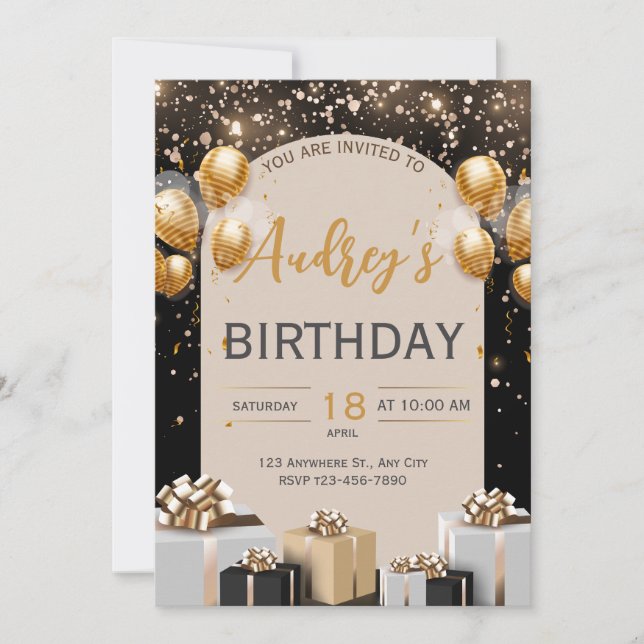 Invitation de luxe pour anniversaire en or noir (Devant)