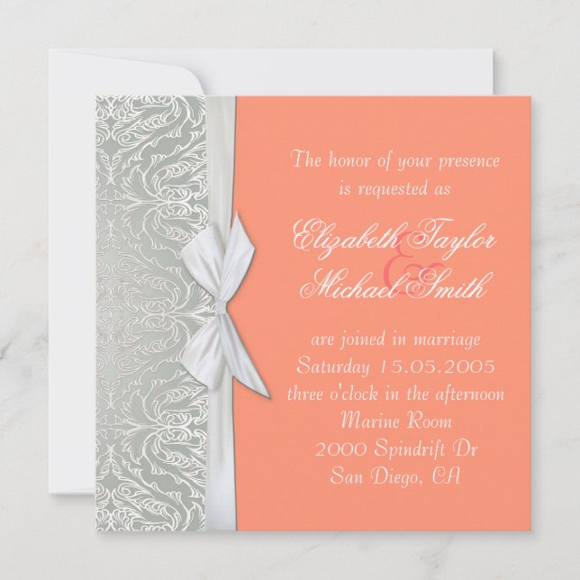 Invitation de luxe Ribbon Silver/Coral Mariage dam (Devant)