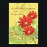 Invitation de marguerites de Gerbera<br><div class="desc">Une invitation gaie comportant trois marguerites de gerbera dans une couleur rouge lumineuse. L'arrière - plan ensoleillé et jaune a le feuillage abstrait et tourbillonne. Approprié à toute célébration heureuse. Il est facile customiser la carte avec vos mots, police, couleur de police et choix de six types de papier. Pas...</div>
