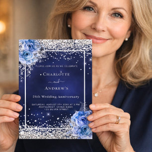 Invitation de mariage 25 ans bleu floral argent