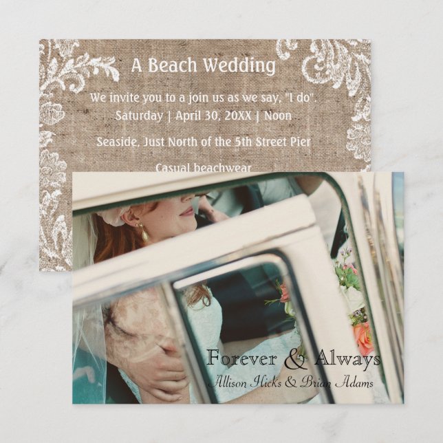 Invitation de mariage 3x5 Beach Burlap & Lace (Devant / Derrière)