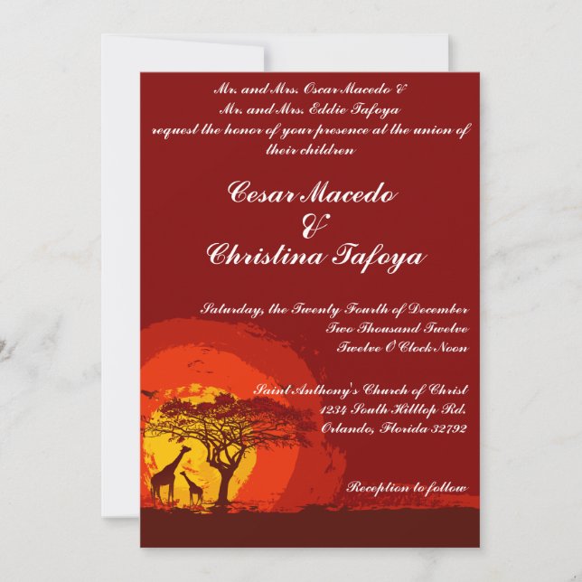 Invitation de mariage 5 x 7 Coucher de soleil roug (Devant)