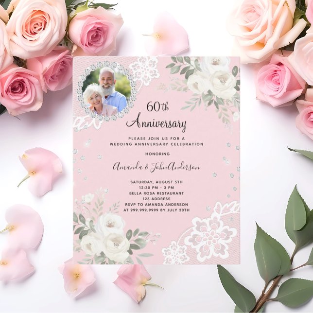 Invitation de mariage 60 ans diamants roses florau (Créateur téléchargé)