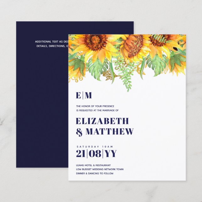 Invitation de mariage à bas prix Tournesols bleu m (Devant / Derrière)