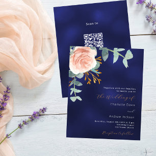 Invitation de mariage à budget rose or bleu QR RSV