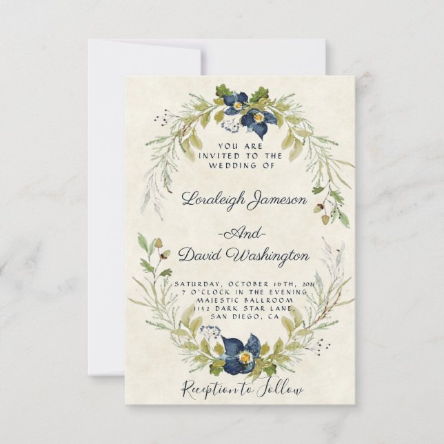Invitation de mariage à cadre floral bleu (Devant)