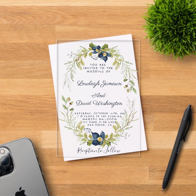 Invitation de mariage à cadre floral bleu Budget (Insitu (Carte d'invitation))