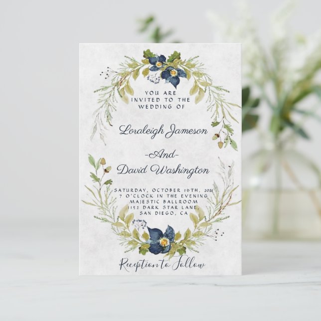 Invitation de mariage à cadre floral bleu budget (Debout devant)
