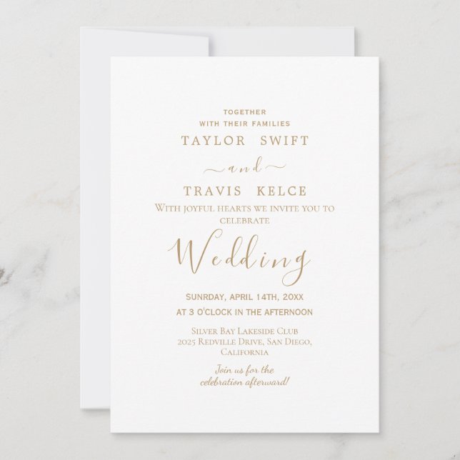 Invitation de mariage à calligraphie dorée (Devant)
