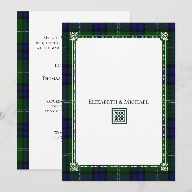Invitation de mariage à carreaux bleus et verts,Ta (Devant / Derrière)
