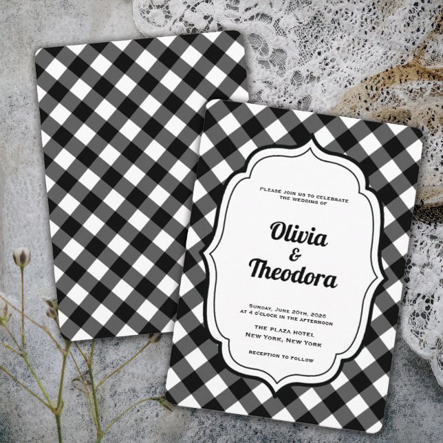 Invitation de mariage à carreaux vintage moderne (vintage modern elegant black and white gingham wedding invitation)