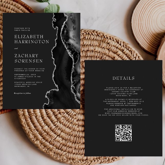 Invitation de mariage à code QR argent Agate noir  (Créateur téléchargé)