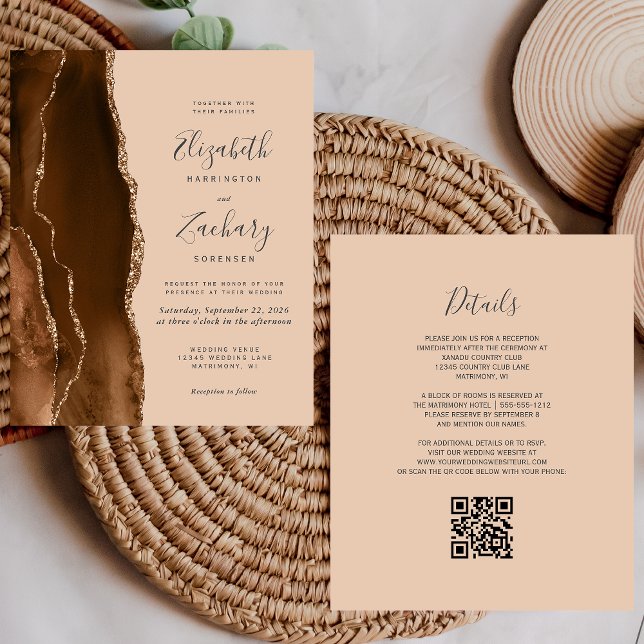 Invitation de mariage à code QR Budget Brun Or Aga (Créateur téléchargé)