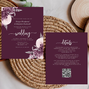 Invitation de mariage à code QR floral argent mauv