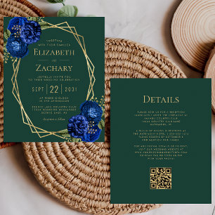 Invitation de mariage à code QR floral bleu royal