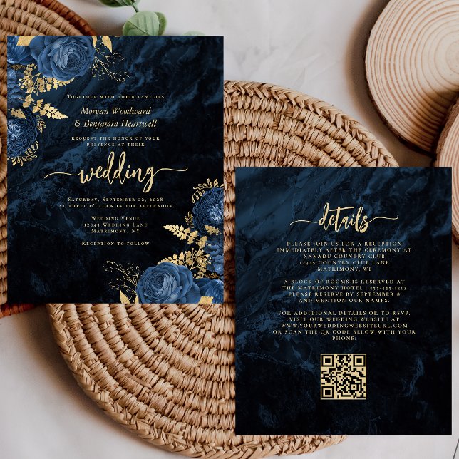 Invitation de mariage à code QR floral Navy Gold à (Créateur téléchargé)