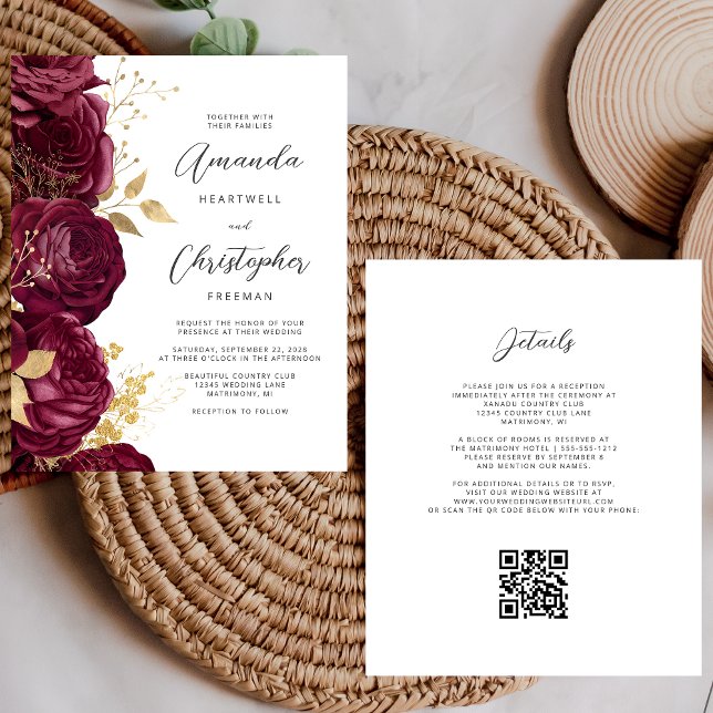 Invitation de mariage à code QR floral or Bourgogn (Créateur téléchargé)