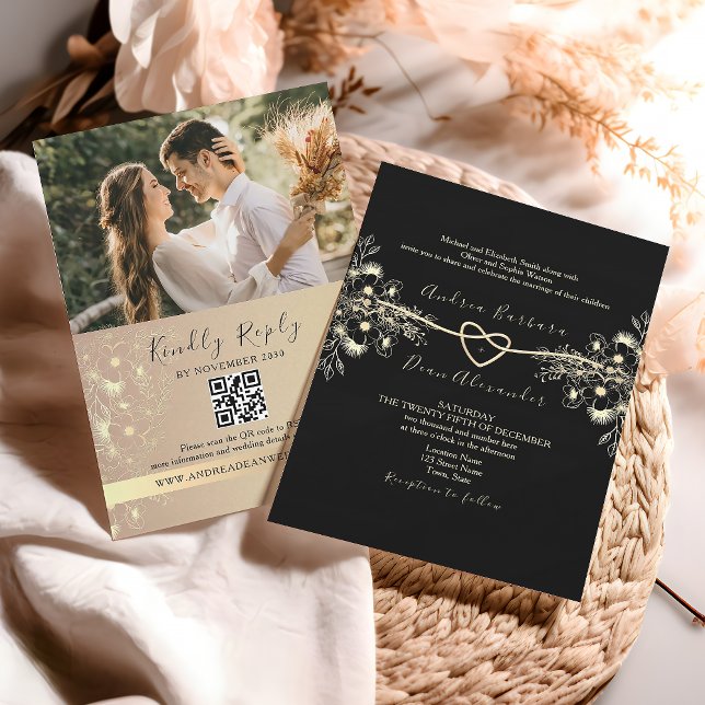 Invitation de mariage à code QR floral or noir (Créateur téléchargé)