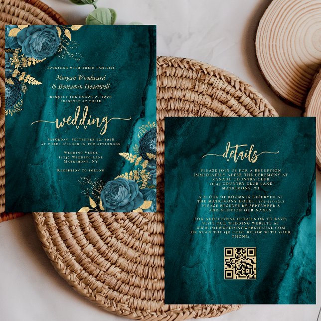 Invitation de mariage à code QR floral sarcelle or (Créateur téléchargé)