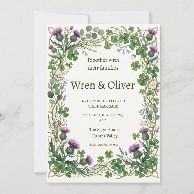 Invitation de mariage à couronne botanique écossai (Devant)