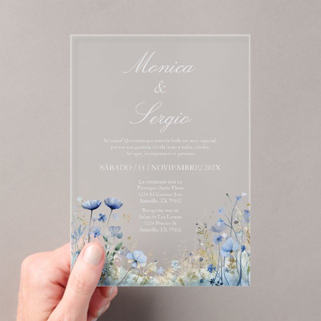 Invitation de mariage à fleurs bleues en acrylique (In situ (ordinateur de poche))