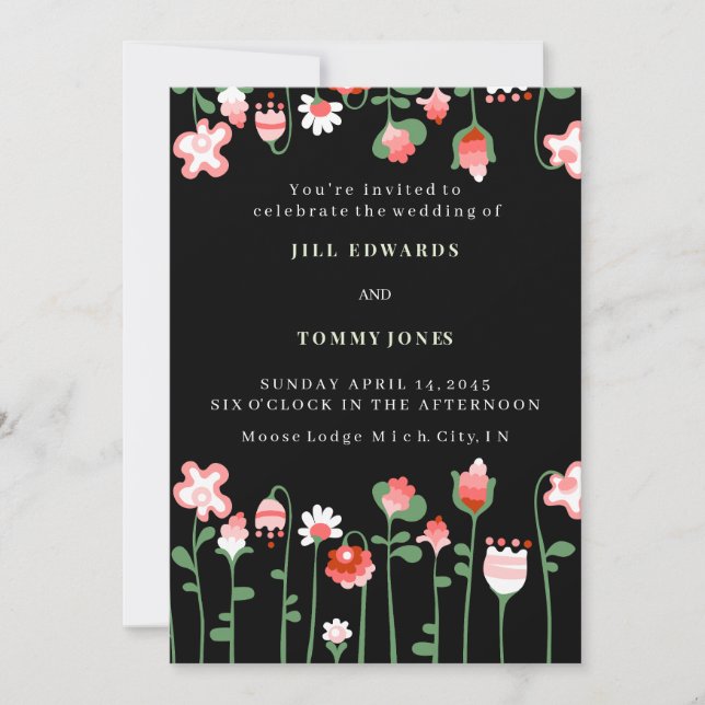 Invitation de mariage à fleurs noires (Devant)