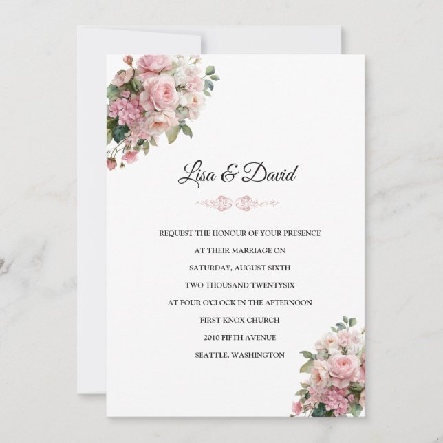 Invitation de mariage à fleurs roses (Devant)