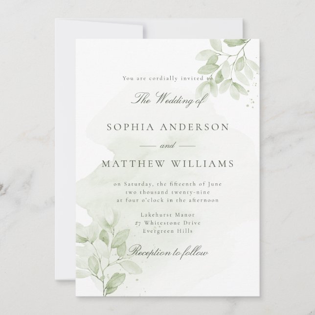 Invitation de mariage à la gouache de verdure (Devant)