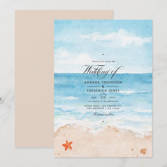 Invitation de mariage à la plage en aquarelle pour (Devant / Derrière)