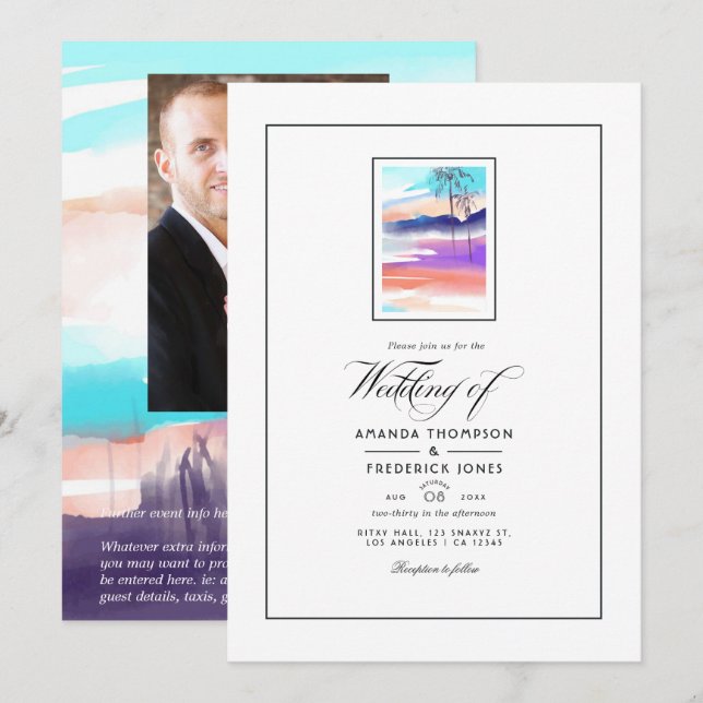 Invitation de mariage à la plage en aquarelle pour (Devant / Derrière)