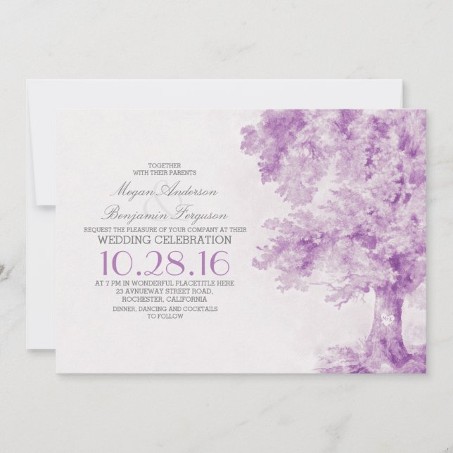 invitation de mariage à l'ancienne aquarelle viole (Devant)
