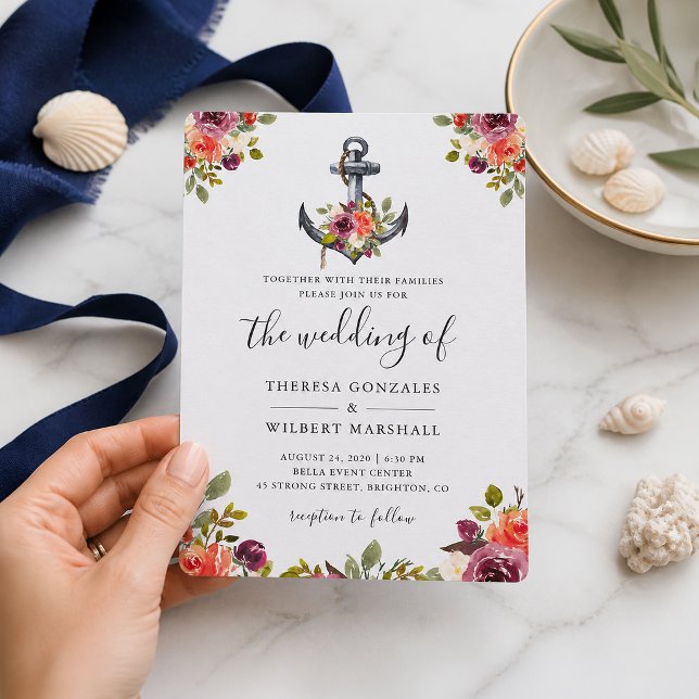 Invitation de mariage à l'ancre florale nautique r (Créateur téléchargé)