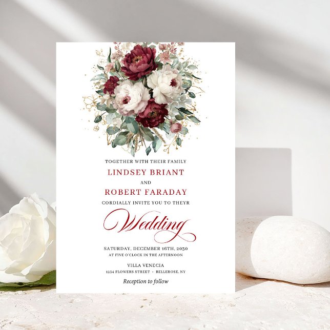 Invitation de mariage à l'aquarelle blanc burgundy (Classic Burgundy White Watercolor Wedding Invitation)