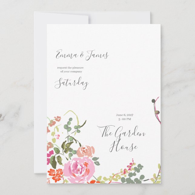 Invitation de mariage à l'aquarelle botanique, Fle (Devant)