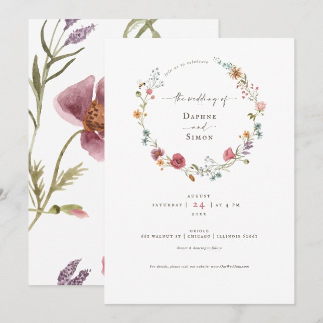 Invitation de mariage à l'aquarelle de fleurs sauv (Devant / Derrière)