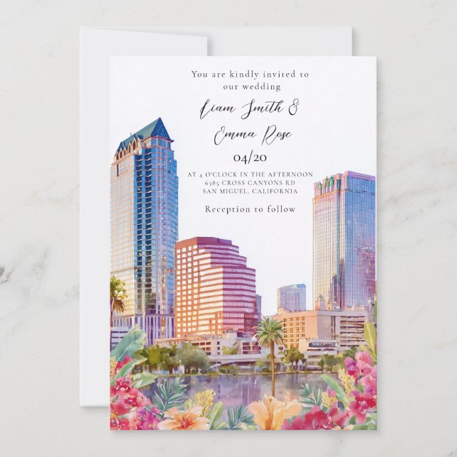 Invitation de mariage à l'aquarelle de la skyline  (Devant)