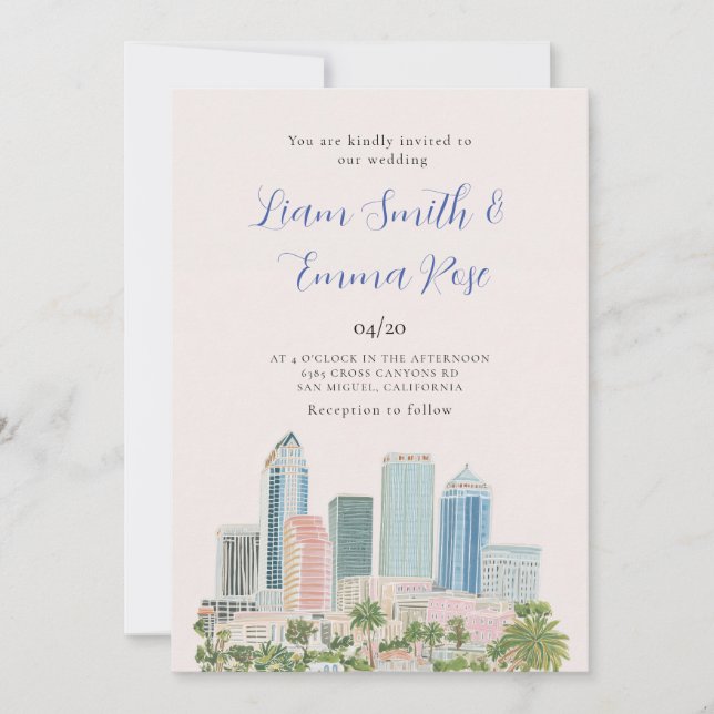 Invitation de mariage à l'aquarelle de la skyline  (Devant)