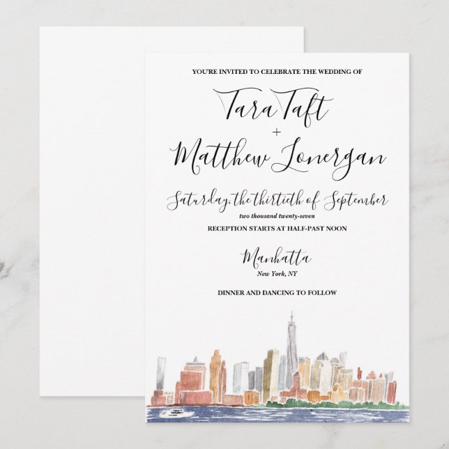 Invitation de mariage à l'aquarelle de la ville de (Devant / Derrière)