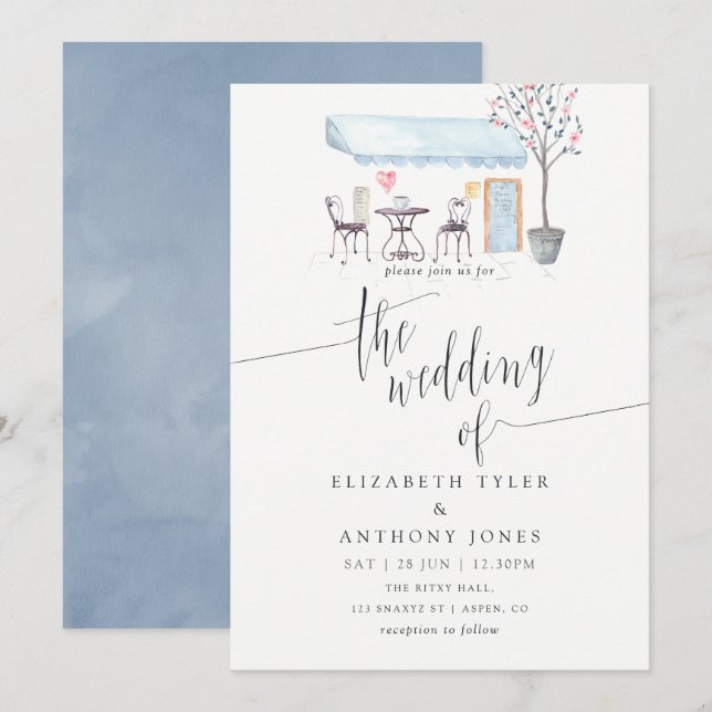 Invitation de mariage à l'aquarelle du Café de Par (Devant / Derrière)